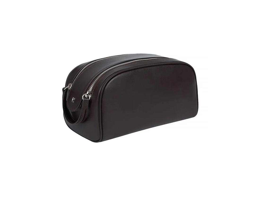 Helmbrook leather toiletry bag for travel, designed to securely hold all your essential items.